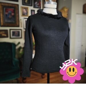 Vintage Y2K Effeci Black Knit Sweater Faux Fur Collar Long Sleeve Women's